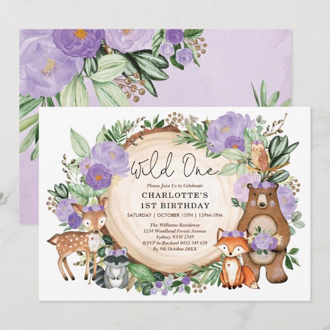 Girl Wild One Purple Floral Woodland 1st Birthday Invitation (Front/Back)