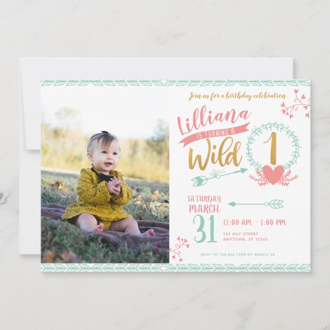 Girl Wild One Tribal Photo First Birthday Invite (Front)