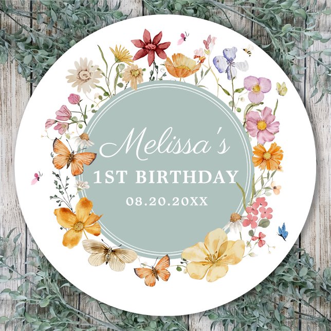 Girl Wildflower 1st Birthday Party Classic Round Sticker (Creator Uploaded)