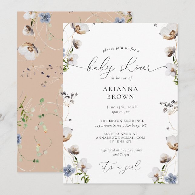 Girl Wildflower Calligraphy Baby Shower Invitation (Front/Back)