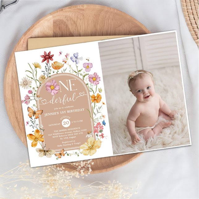 Girl Wildflower Onederful 1st Birthday Party Photo Invitation (Creator Uploaded)