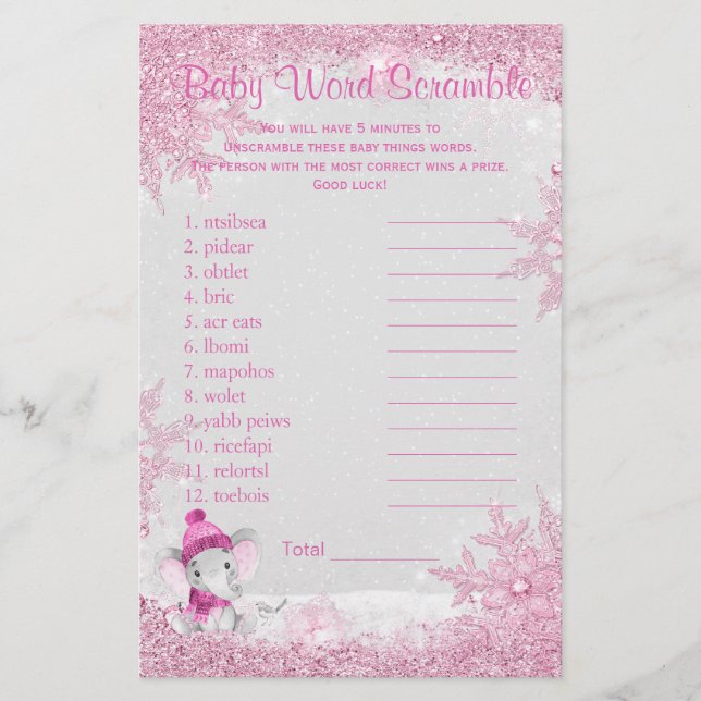 Girl Winter Elephant Baby Shower Games Flyer (Front)