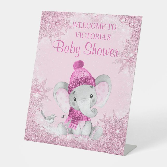 Girl Winter Elephant Baby Shower Welcome Table Pedestal Sign (Front)