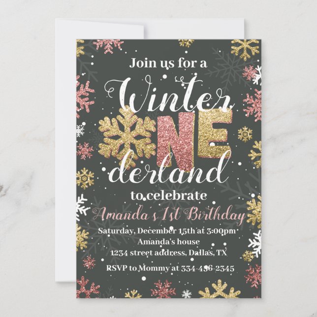 Girl Winter Onederland Birthday Invitation Gold (Front)