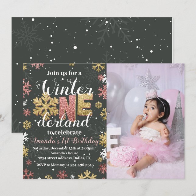 Girl Winter Onederland Birthday Invitation Photo (Front/Back)