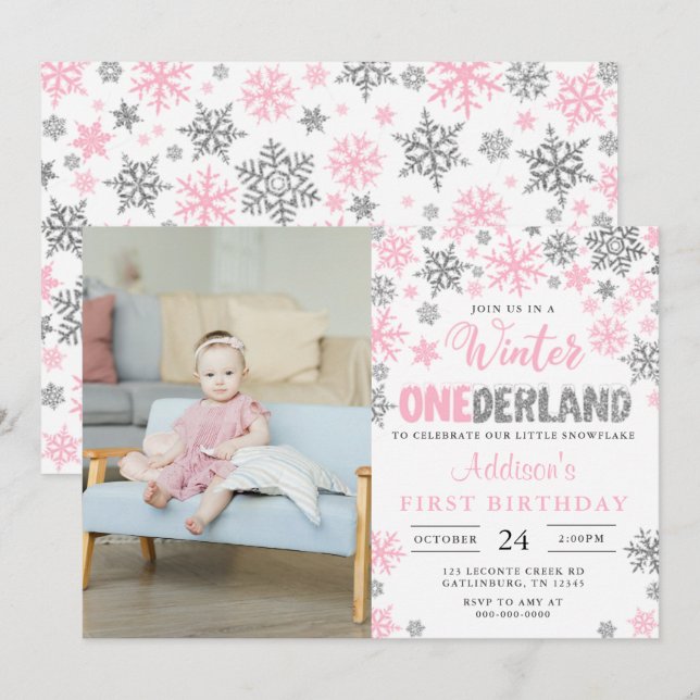 Girl Winter Onederland First Birthday photo Invitation (Front/Back)