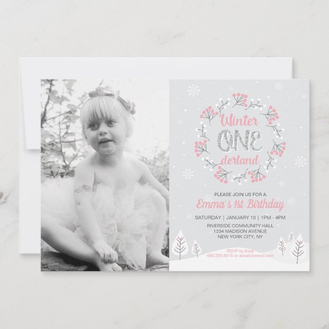 Girl Winter Onederland Photo 1st Birthday Invite (Front)