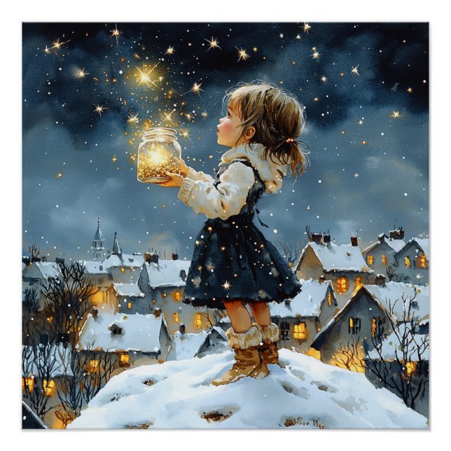 Girl Winter Stars Snowy Night Poster (Front)