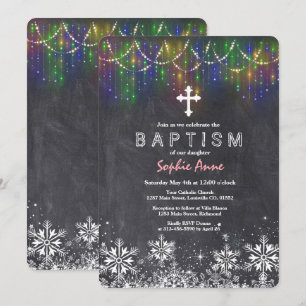 Girl Winter String Lights Snowflakes Chalk Baptism Invitation