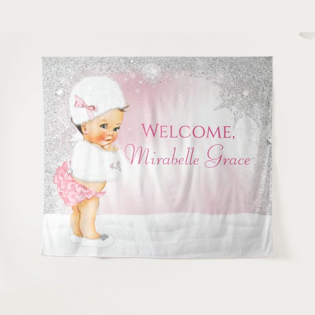 Girl Winter Wonderland Baby Shower Backdrop Tapestry (Front (Horizontal))