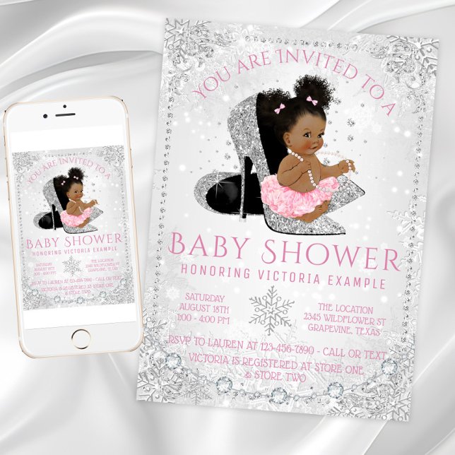 Girl Winter Wonderland Pink Snowflake Baby Shower Invitation (Girl winter wonderland snowflake baby shower. Instant download and printed invitations available.)