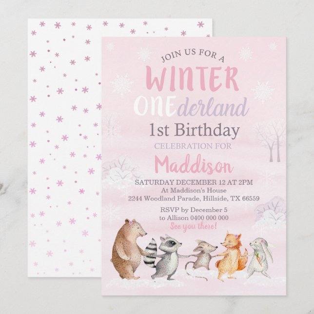 Girl Winter Woodland 1st Birthday Invitation (Front/Back)