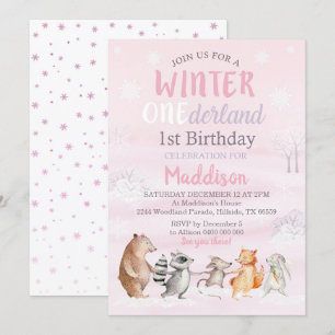 Girl Winter Woodland 1st Birthday Invitation