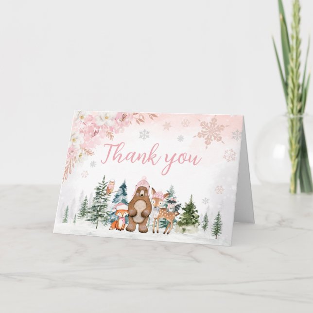 Girl Winter Woodland Baby Shower  Thank You Card (Front)