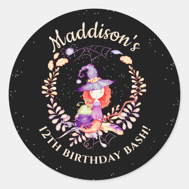 Girl Witch Birthday Watercolor Classic Round Sticker (Front)