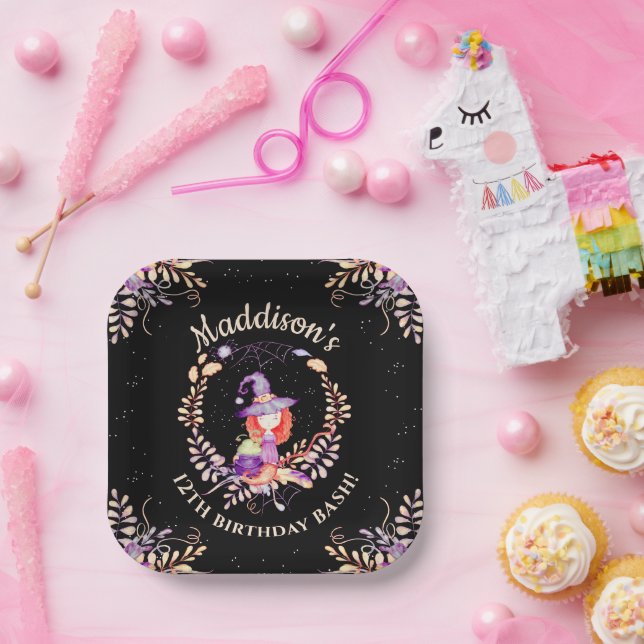 Girl Witch Birthday Watercolor Paper Plate (Party)