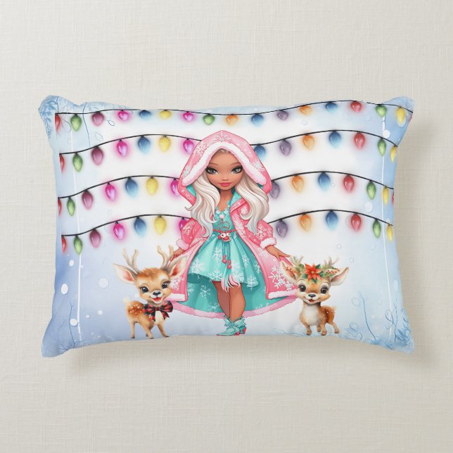 girl with 2 little deer's and Christmas lights Decorative Cushion (Front)