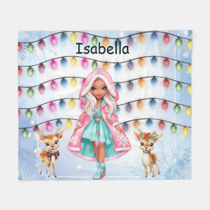 girl with 2 little deer's and Christmas lights Fleece Blanket