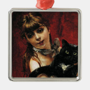 Girl With a Black Cat in Her Arms Metal Tree Decoration