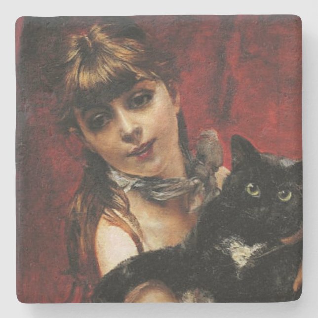 Girl With a Black Cat in Her Arms Stone Coaster (Front)