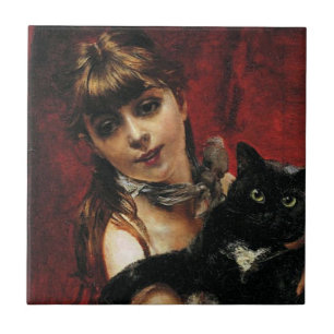 Girl With a Black Cat in Her Arms Tile