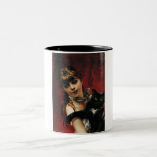 Girl With a Black Cat in Her Arms Two-Tone Coffee Mug