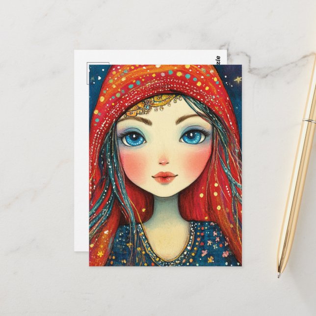 Girl With a Blue Eyes Dressed in Red and Blue Postcard (Front/Back In Situ)
