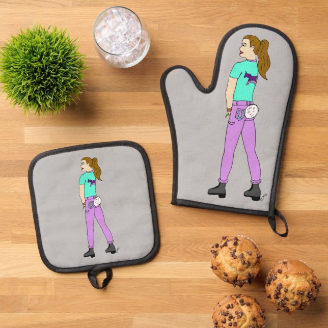 girl with a bunny tail   oven mitt & pot holder set (Top Down)
