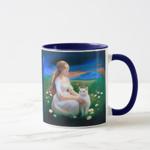 Girl with a Cat in a Meadow at Twilight Mug