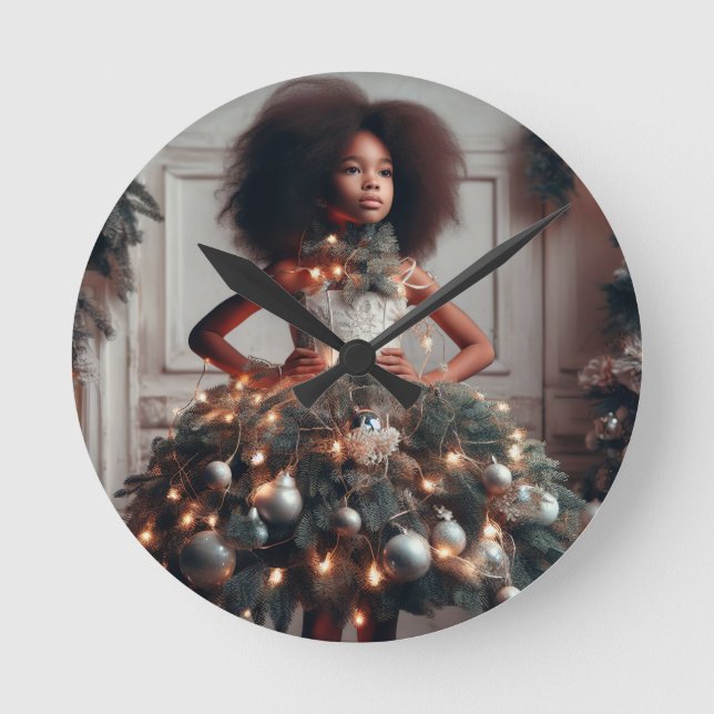 Girl with a Christmas tree dress Round Clock (Front)