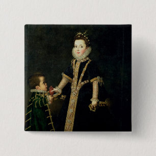 Girl with a dwarf, thought to be a portrait 15 cm square badge