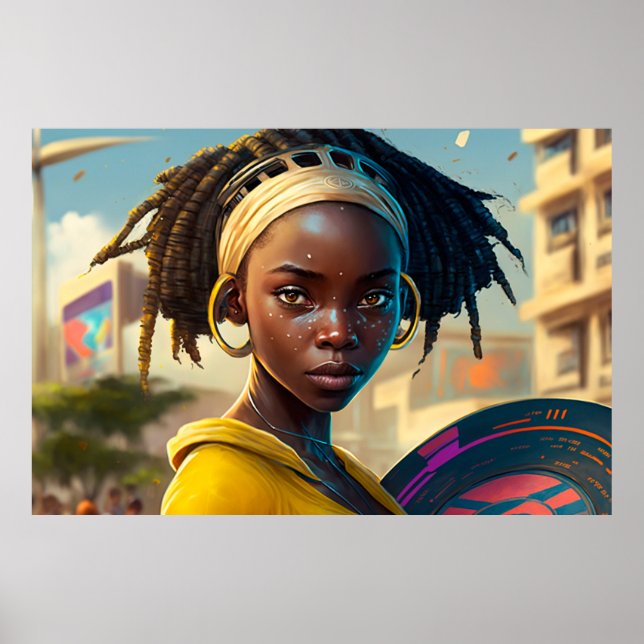 Girl With a Frisbee in a City of the Future Poster (Front)