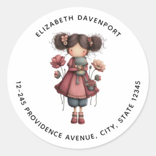 Girl with A Frog Doll Cute Whimsical Address Classic Round Sticker