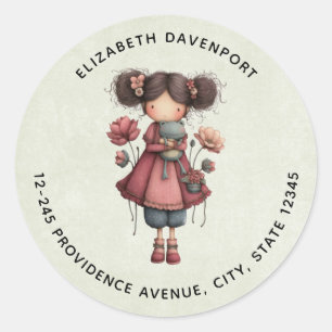 Girl with A Frog Doll Cute Whimsical Address Classic Round Sticker