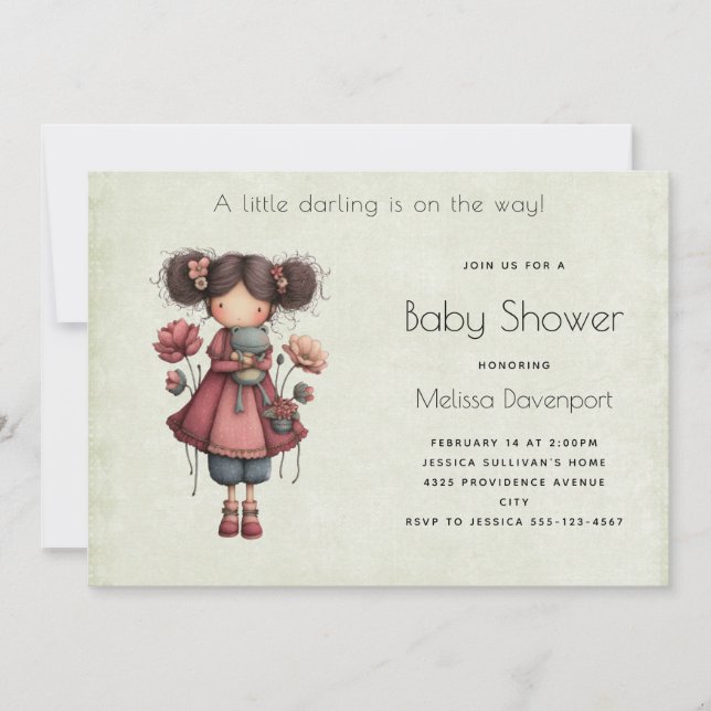 Girl with A Frog Doll Cute Whimsical Baby Shower Invitation