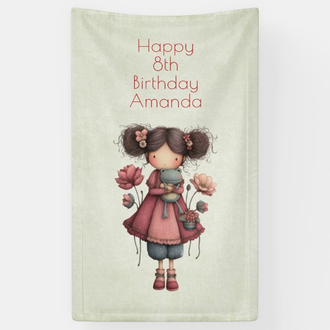 Girl with A Frog Doll Cute Whimsical Birthday Banner (Vertical)