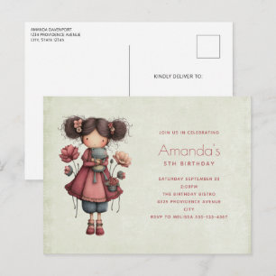 Girl with A Frog Doll Cute Whimsical Birthday Invitation Postcard