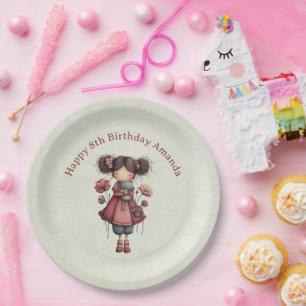 Girl with A Frog Doll Cute Whimsical Birthday Paper Plate