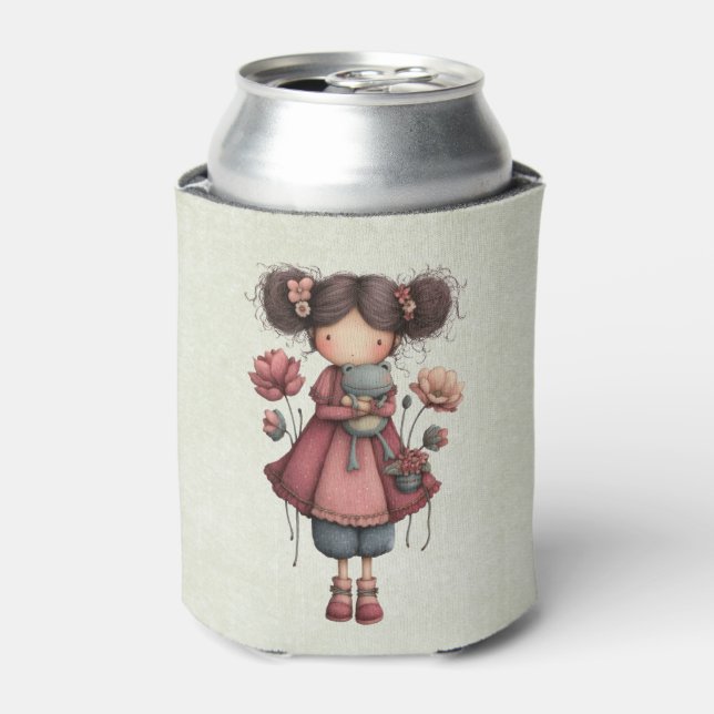 Girl with A Frog Doll Cute Whimsical Can Cooler