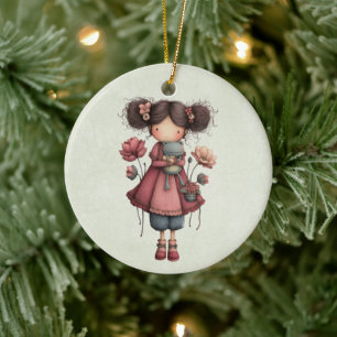 Girl with A Frog Doll Cute Whimsical Ceramic Tree Decoration