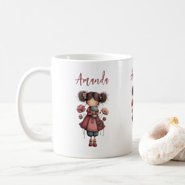 Girl with A Frog Doll Cute Whimsical Coffee Mug (With Donut)