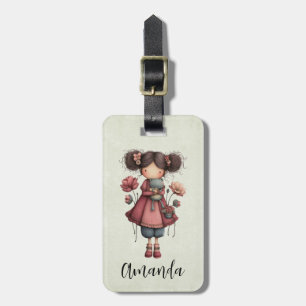 Girl with A Frog Doll Cute Whimsical Luggage Tag