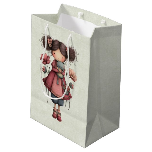 Girl with A Frog Doll Cute Whimsical Medium Gift Bag (Back Angled)