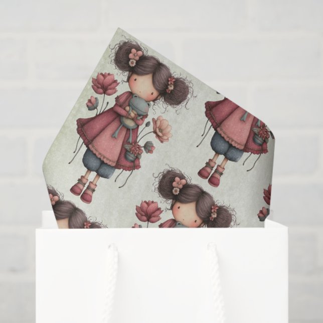 Girl with A Frog Doll Cute Whimsical Pattern Tissue Paper (Gift Bag)