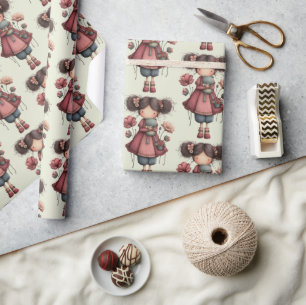 Girl with A Frog Doll Cute Whimsical Pattern Wrapping Paper