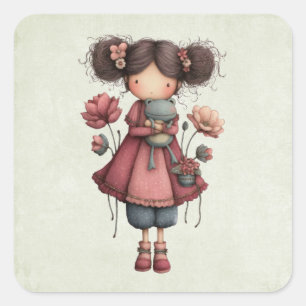 Girl with A Frog Doll Cute Whimsical Square Sticker