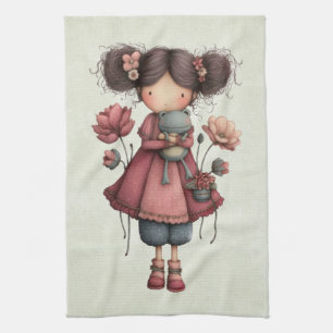 Girl with A Frog Doll Cute Whimsical Tea Towel