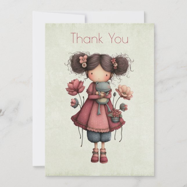 Girl with A Frog Doll Cute Whimsical Thank You Card (Front)
