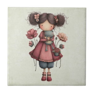 Girl with A Frog Doll Cute Whimsical Tile