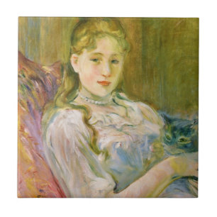 Girl with a Grey Pet Cat (by Berthe Morisot) Tile
